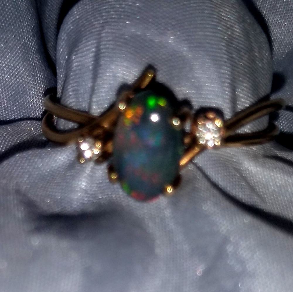 Black Australian  Opal Diamond 14k Ring